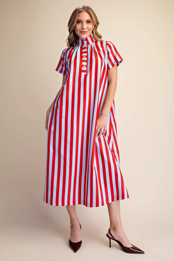 Striped Midi Dress in Red and Powder Blue