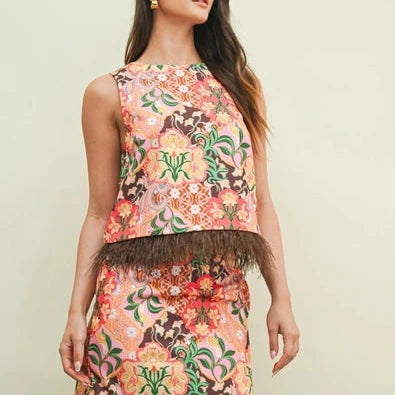 Feather Trimmed Satin Tank in Garden Party
