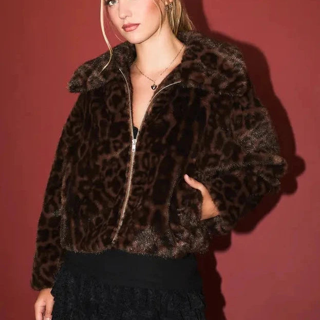 Zip Front Cropped Faux Fur Jacket in Brown Leopard