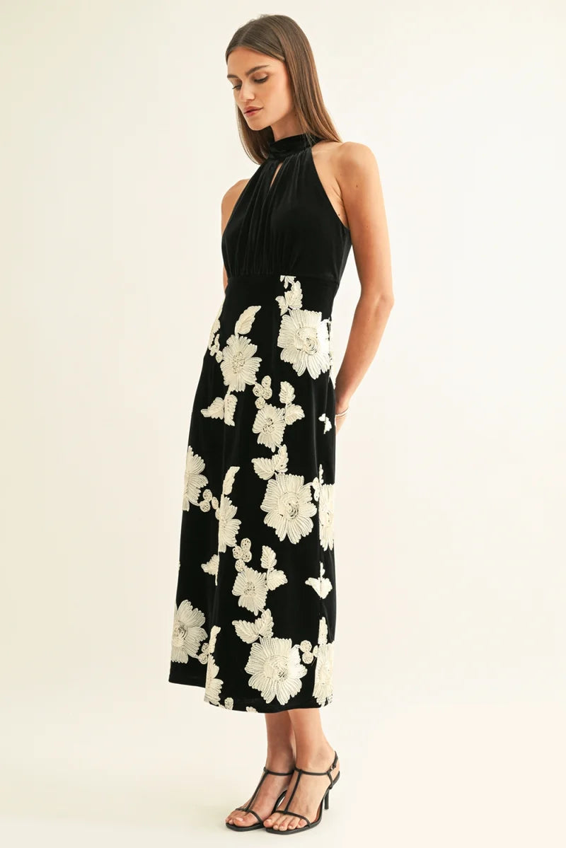 Adelyn Rae Oaklyn Flower Embellished Velvet Midi Dress in Black/Cream