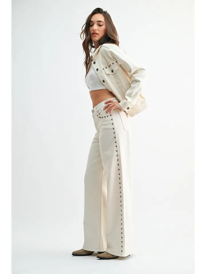 Just Black Denim High Rise Studded Palazzo in Cream