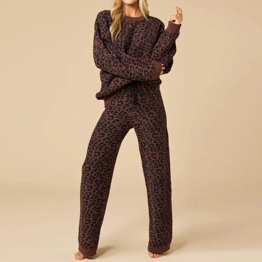 Softies Marshmellow Leopard Crew Neck Lounge Set in Wild Espresso
