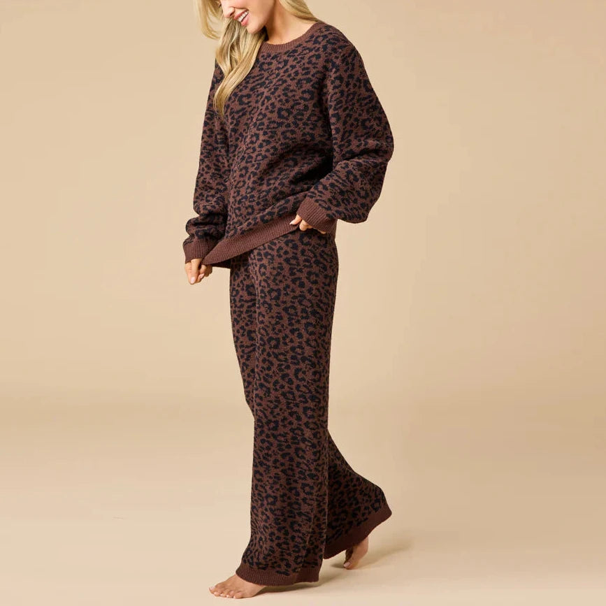 Softies Marshmellow Leopard Crew Neck Lounge Set in Wild Espresso