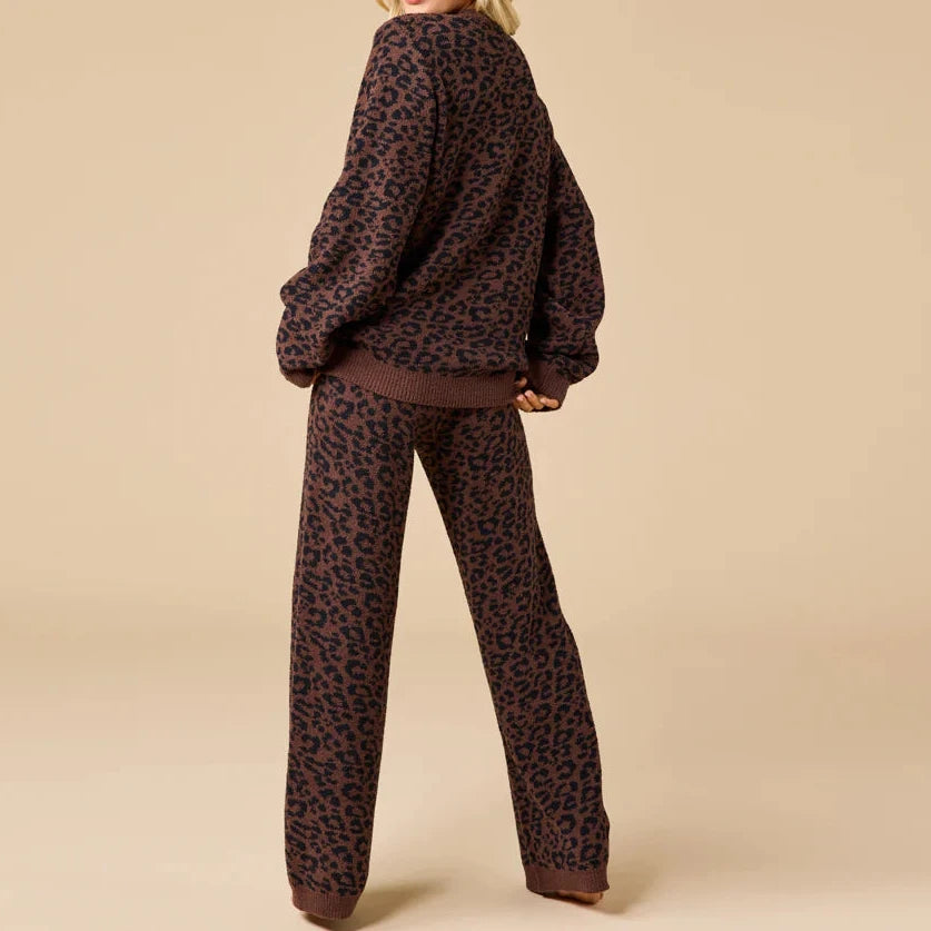 Softies Marshmellow Leopard Crew Neck Lounge Set in Wild Espresso