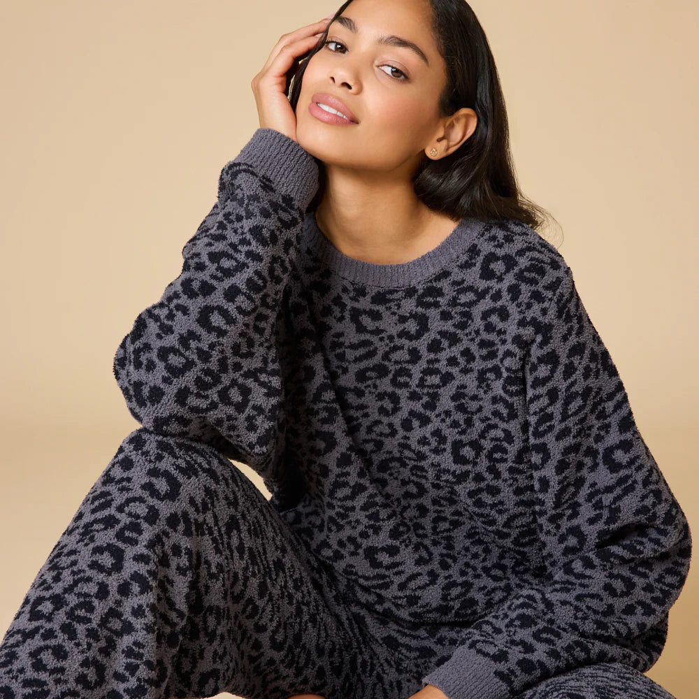 Softies Marshmallow Leopard Crew Neck Lounge Set in Wild Grey