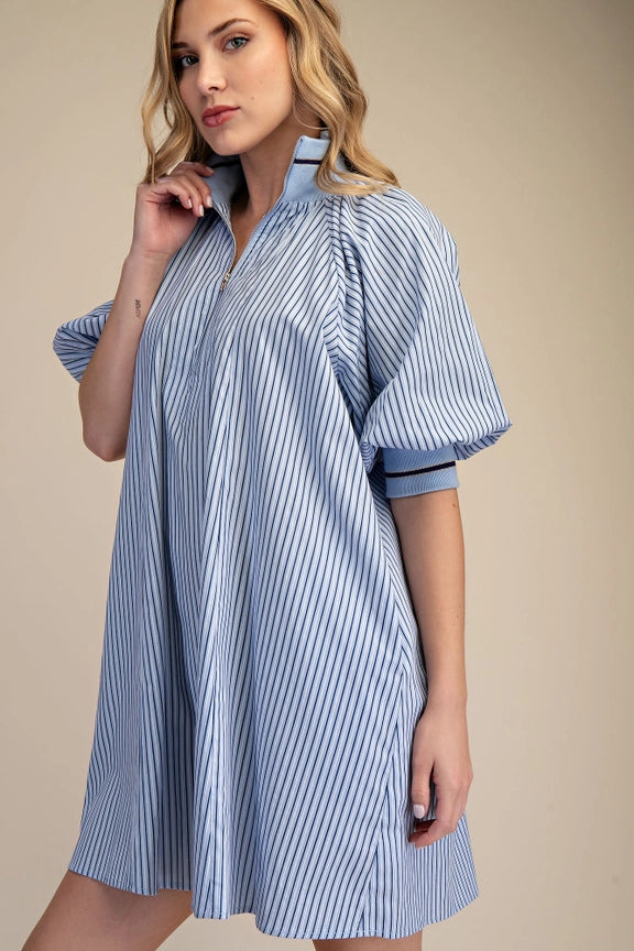 Half Zip Front Striped Dress in Blue