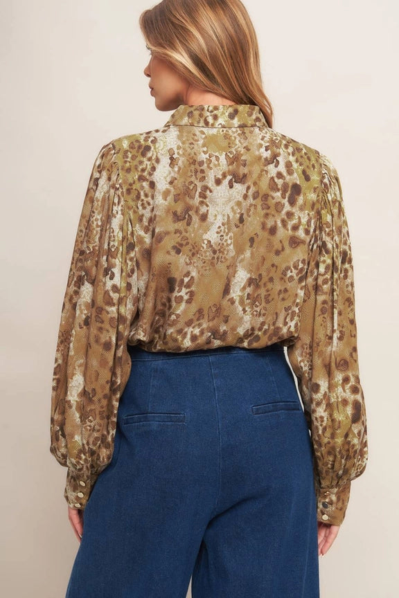 Balloon Sleeve Buttondown Top in Taupe Cheetah