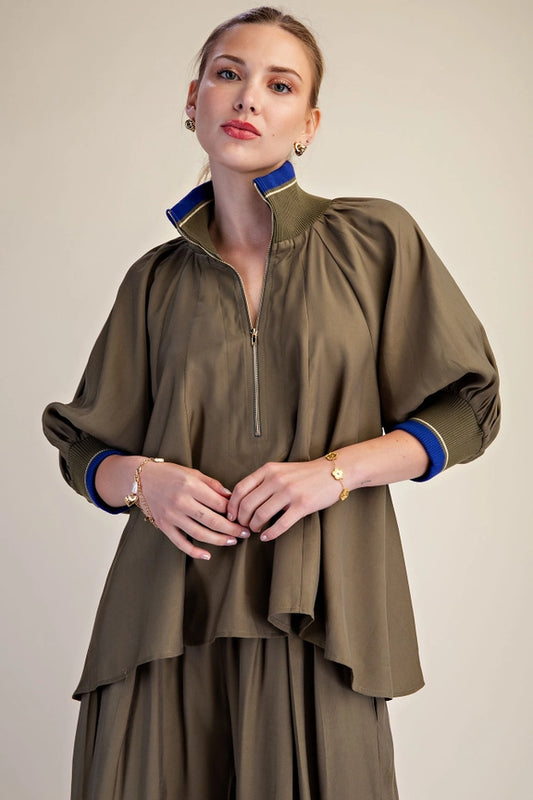 Zip Front High Collar Top with Contrastic Band in Olive/Blue