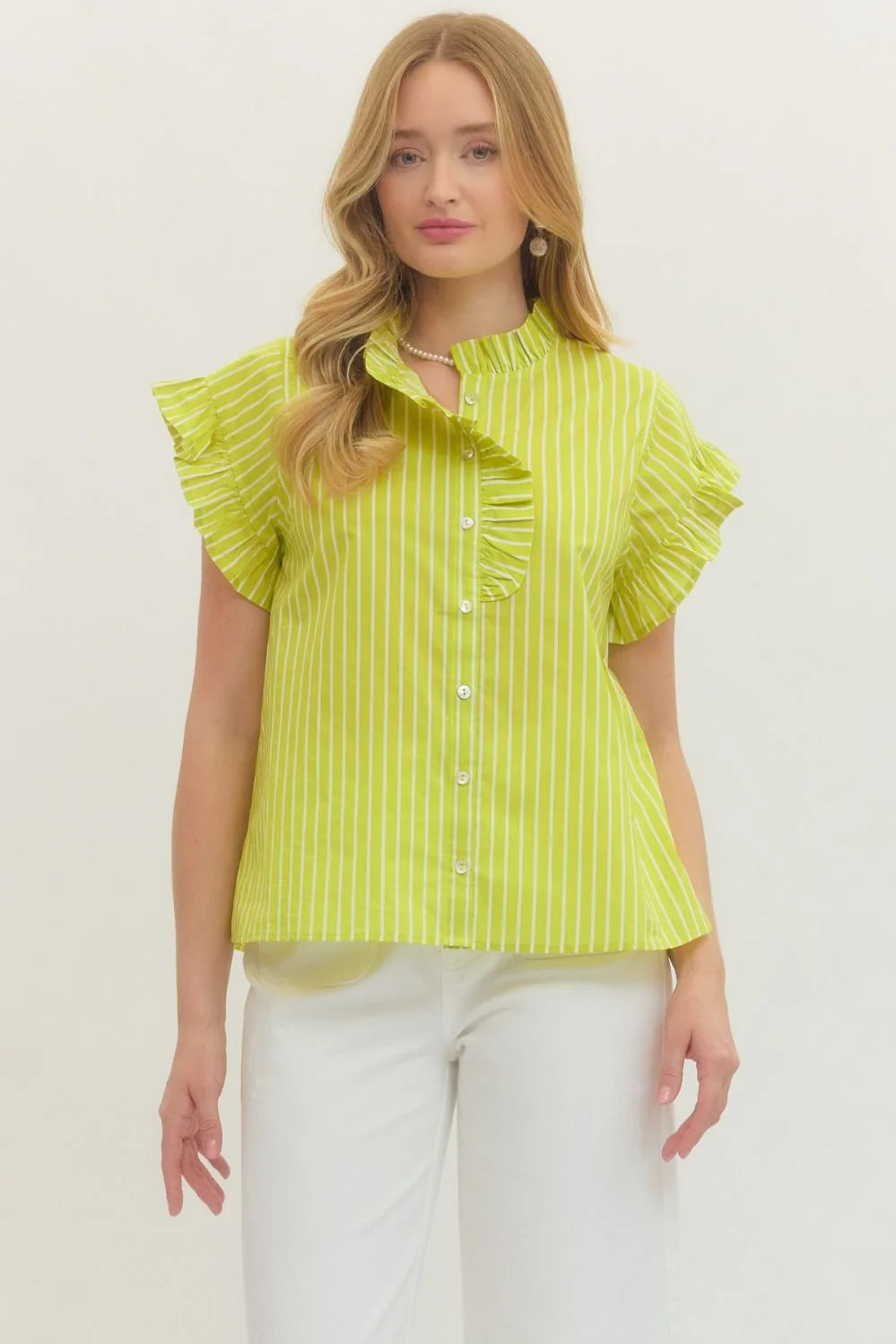Ruffled Trimmed Striped Top in Lime