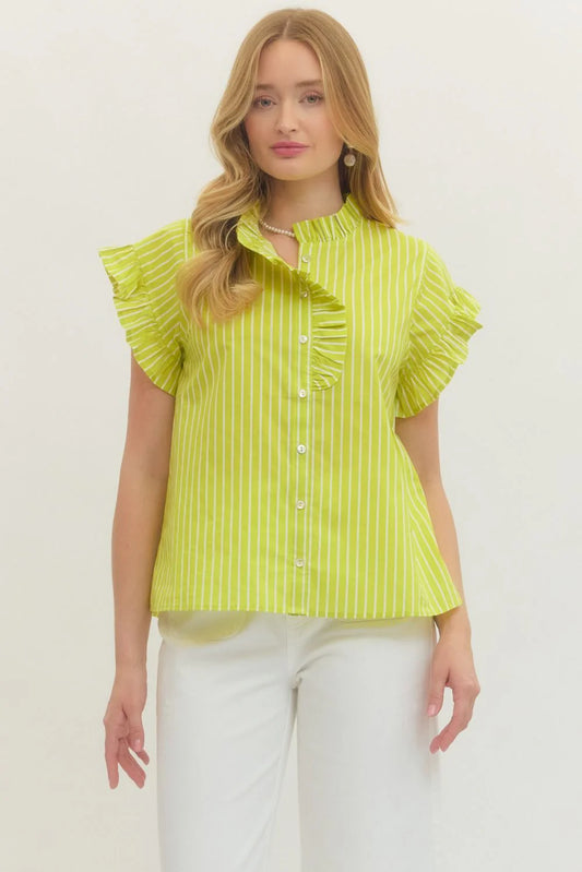 Ruffled Trimmed Striped Top in Lime