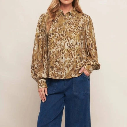 Balloon Sleeve Buttondown Top in Taupe Cheetah