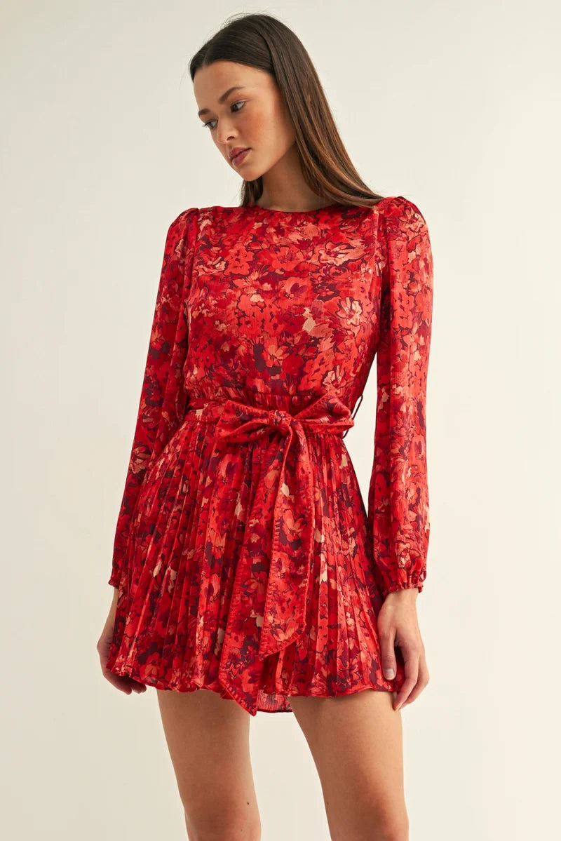 Adelyn Rae Bailey Pleated Long Sleeves Mini Dress in Red