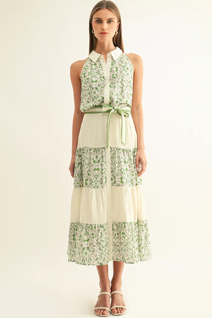 Adelyn Rae Blair Mixed Media Flared Midi Skirt in Green Multi