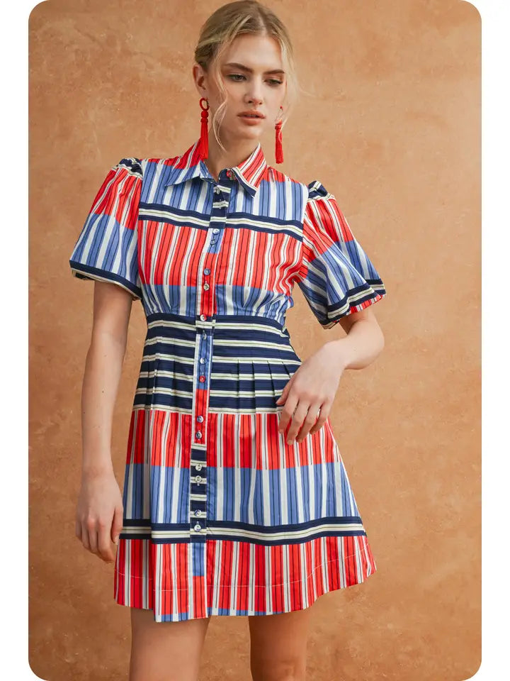 Puff Sleeve Color Block Mixed Stripe Dress in Red/Blue