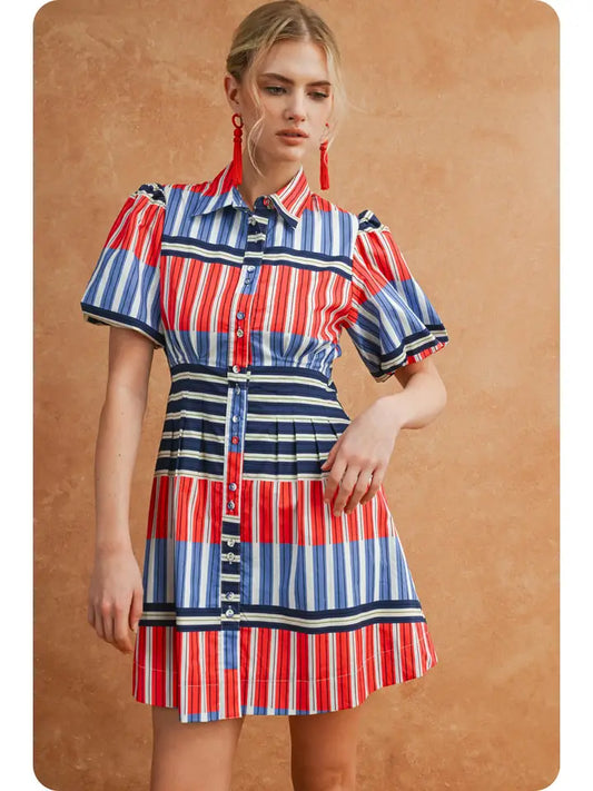 Puff Sleeve Color Block Mixed Stripe Dress in Red/Blue