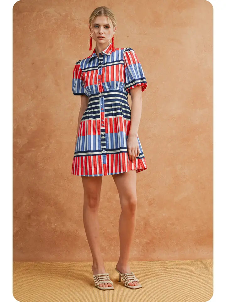 Puff Sleeve Color Block Mixed Stripe Dress in Red/Blue