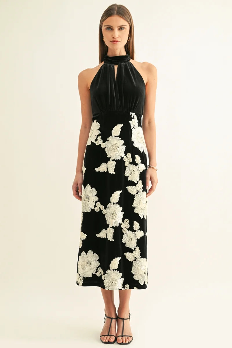 Adelyn Rae Oaklyn Flower Embellished Velvet Midi Dress in Black/Cream