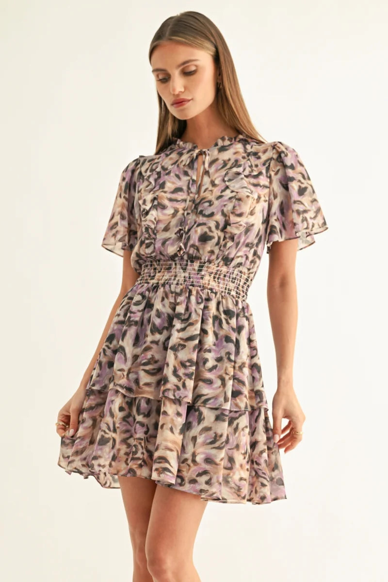 Adelyn Rae Lorena Flutter Sleeve Mini Dress in Lavender Leopard