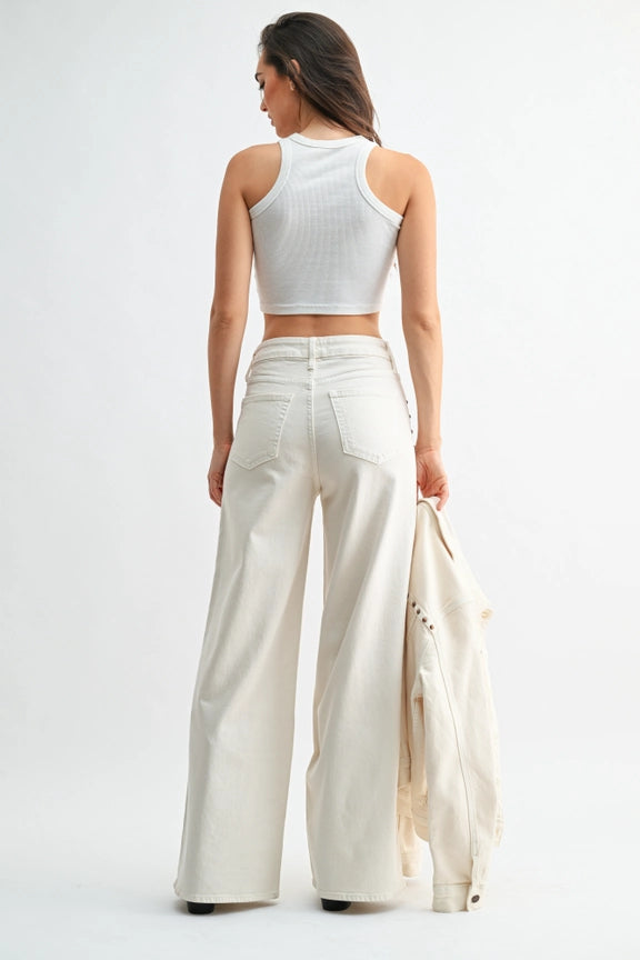 Just Black Denim High Rise Studded Palazzo in Cream