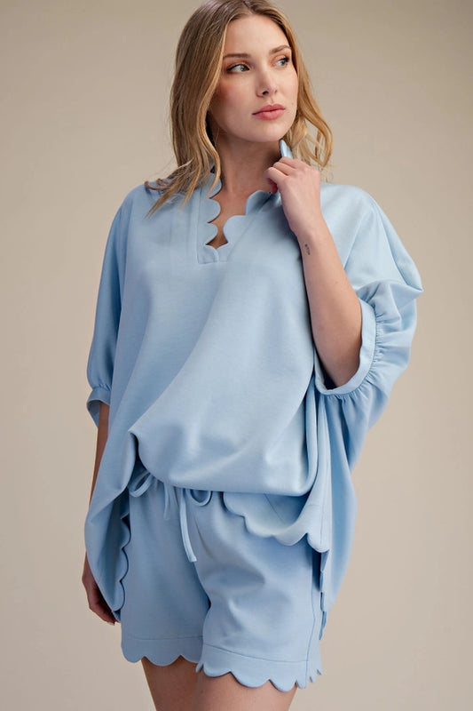 Scalloped Oversized Top with Matching Short Set in Blue