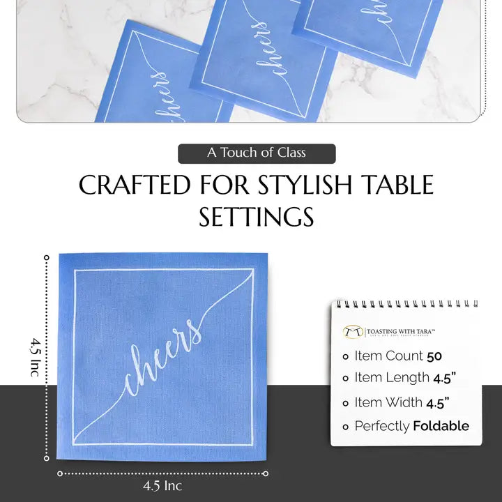 50/ct Rolled Cocktail Napkins in Blue Cheers