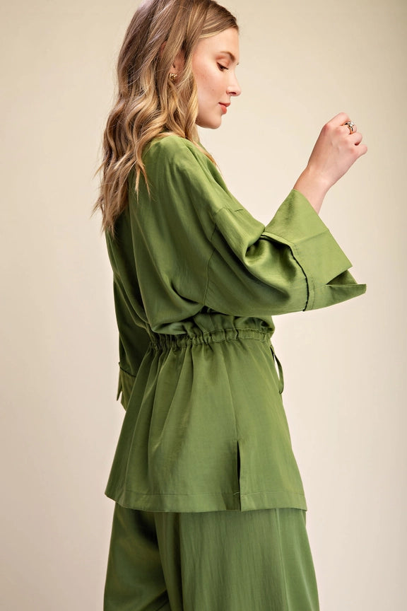 Silky Tie Waist Dolman Tunic in Olive