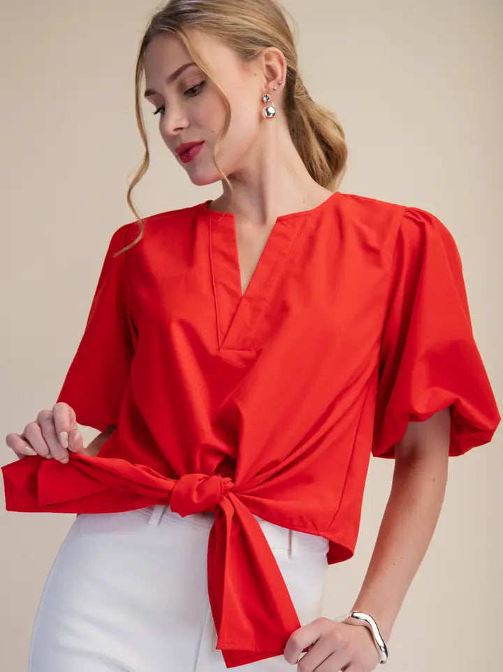 V-Neck Tie Front Top in Red