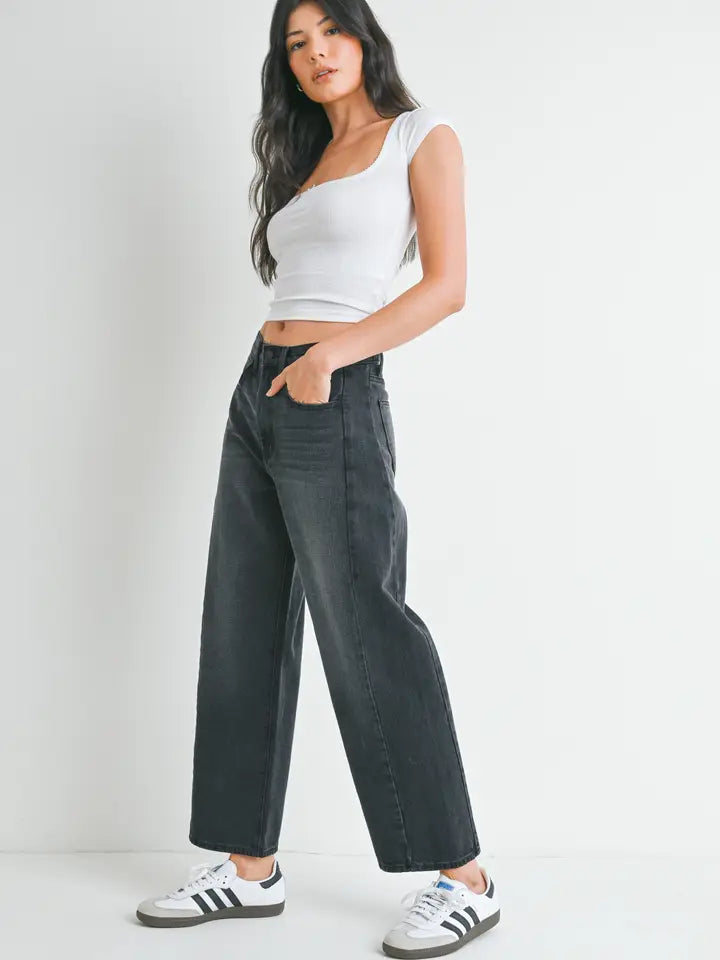 Just Black Denim High Rise Twist Seam Barrel Jeans in Washed Black