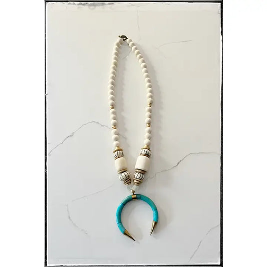 Wooden Bead Necklace with Turquoise Tusk