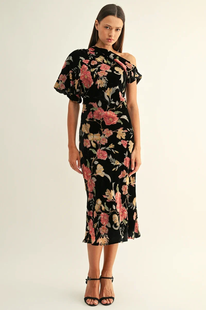 Adelyn Rae Manon Burnout Velvet Asymmetric Sleeves Midi Dress