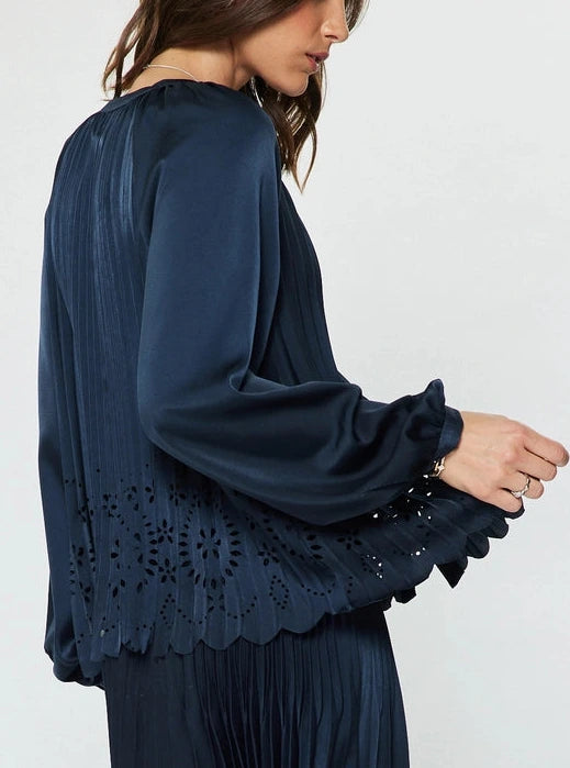 Pleated Laser Cut Button-Up Blouse in Navy