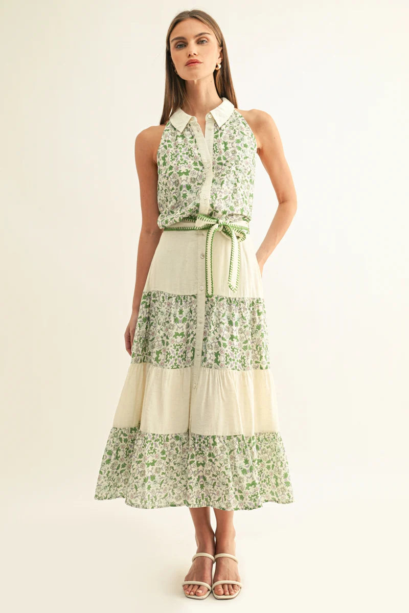 Adelyn Rae Blair Mixed Media Flared Midi Skirt in Green Multi