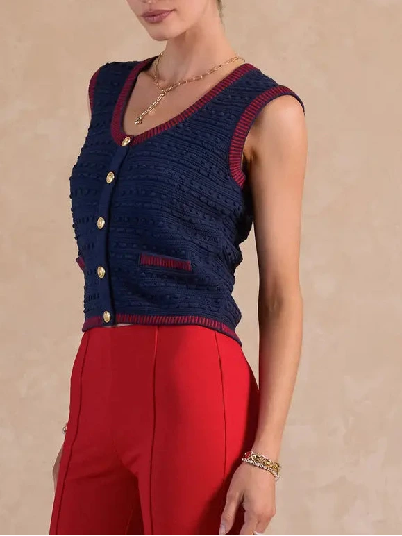 Scoop-Neck Button-Up Sweater Vest in Navy and Red