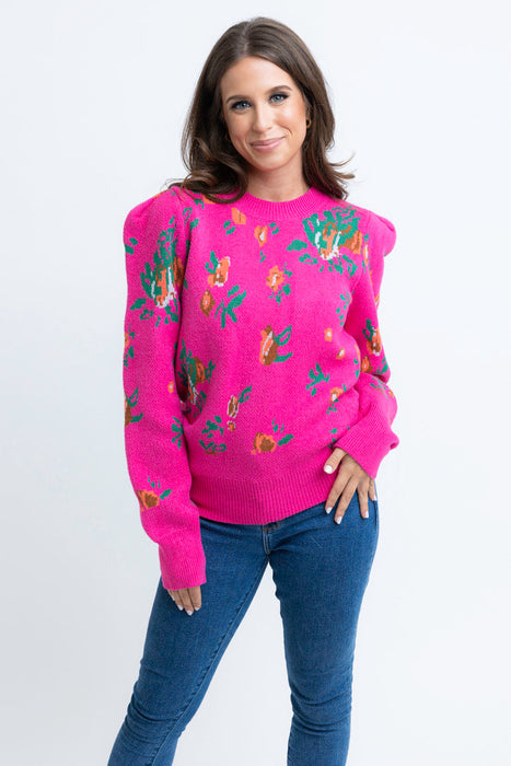 Karlie Puff Sleeve Floral Sweater in Fuchsia