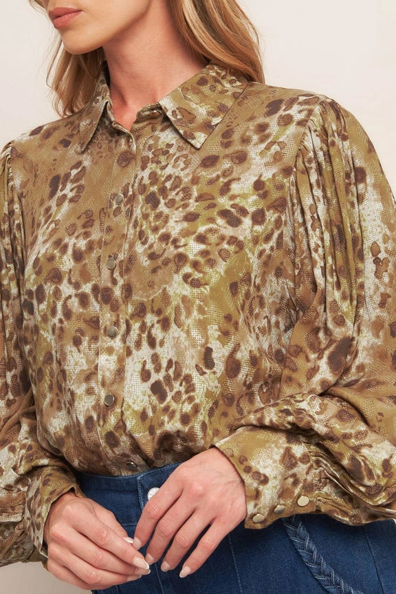 Balloon Sleeve Buttondown Top in Taupe Cheetah