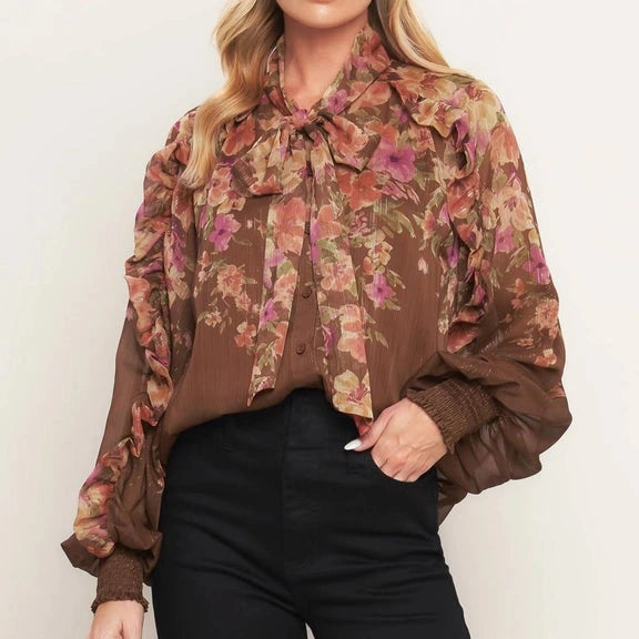 Tie Front Floral Blouse in Coco