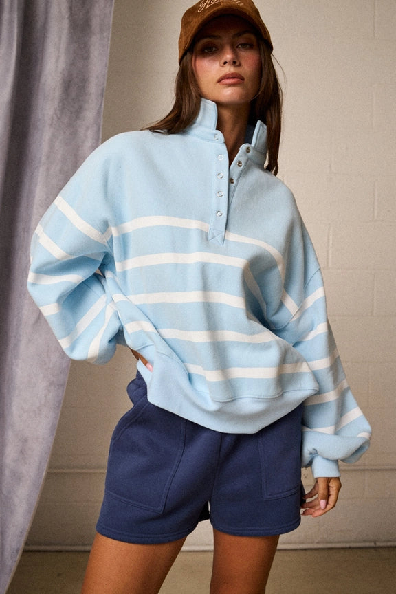 Half Button Collared Pullover in Striped Sky Blue