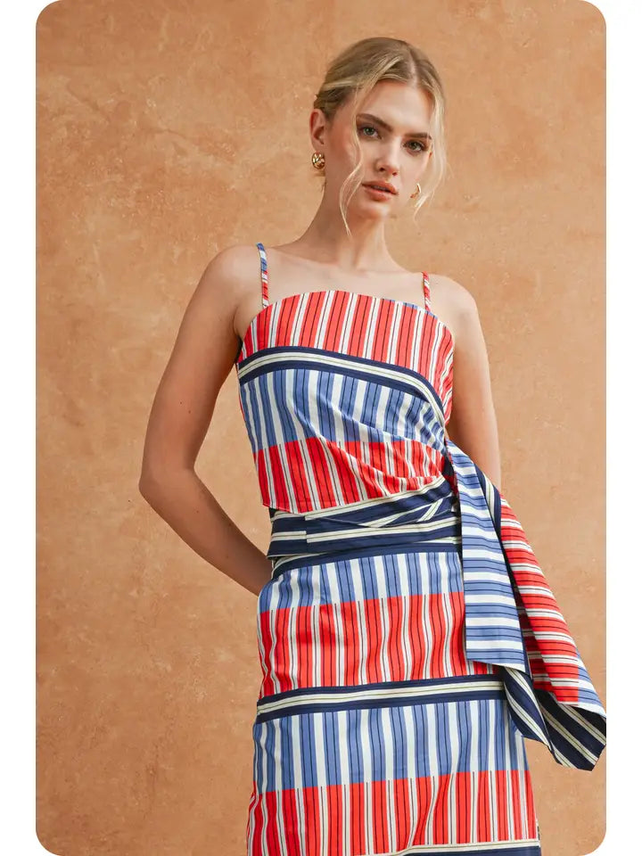 Colorblock Mixed Stripe Tie-Side Cami Top in Red/Blue