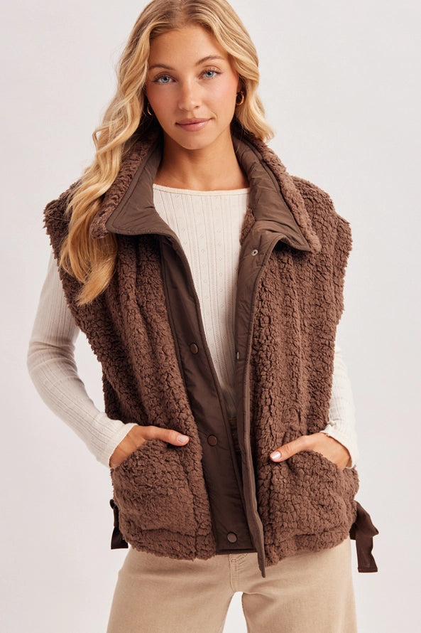 Mock Neck Sherpa Vest in Chocolate