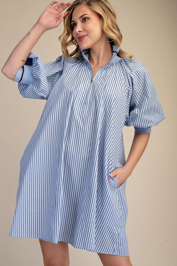 Half Zip Front Striped Dress in Blue