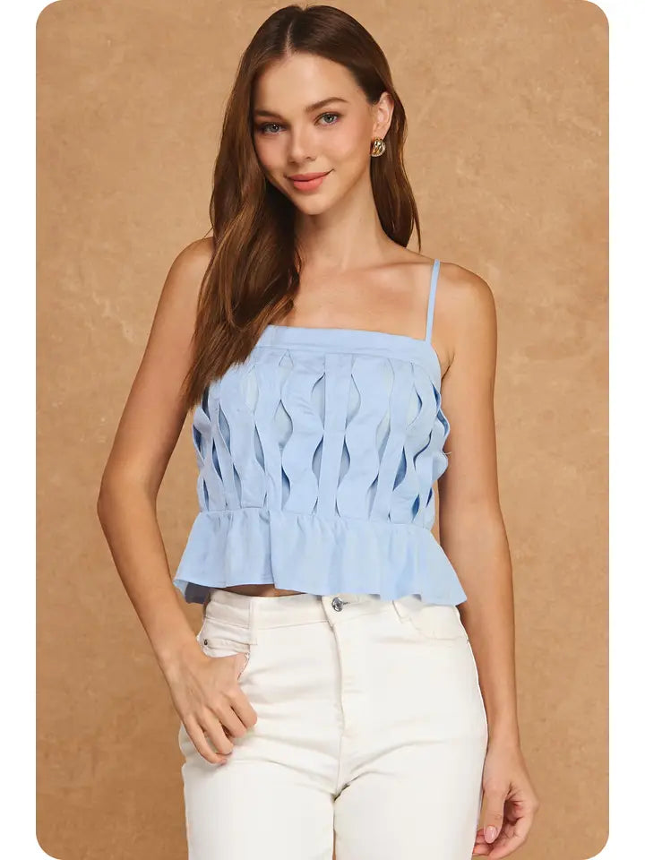 Wavy Detailed Slight Peplum Cami in Powder Blue