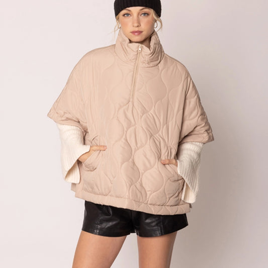 Oversized Quilted Half Zip Poncho in Beige