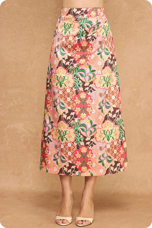 Satin Midi Skirt in Garden Party