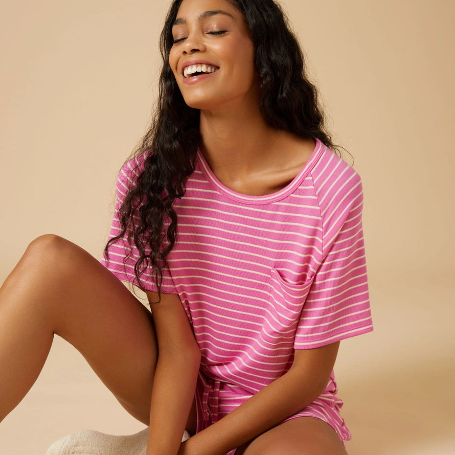 Softies Dream Slouchy Tee Shorts Lounge Set in Fuchsia Stripe