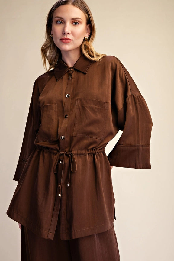Silky Tie Waist Dolman Tunic in Chocolate