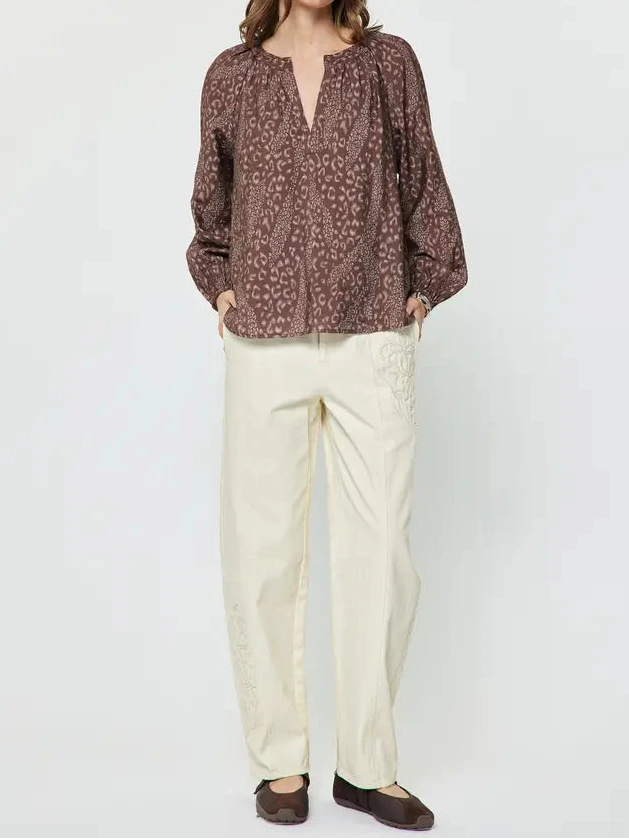 Abstract Animal Printed Long Sleeve Blouse in Mauve Brown