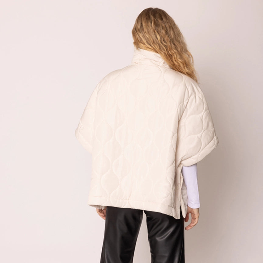 Oversized Quilted Half Zip Poncho in Ivory