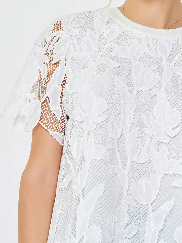 Floral Lace Overlay with Pleated Back in White