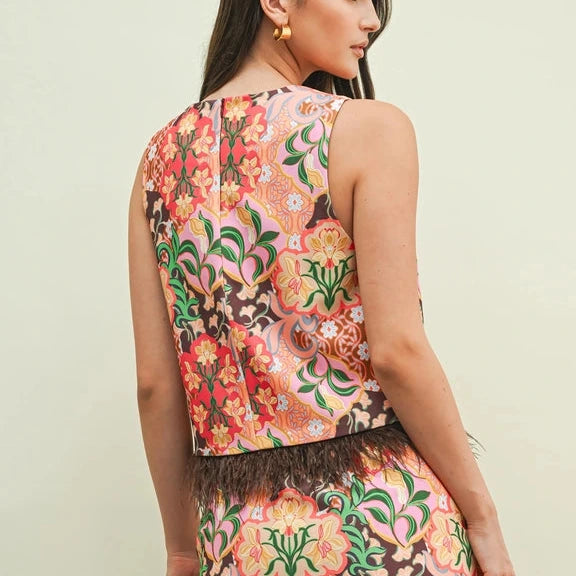 Feather Trimmed Satin Tank in Garden Party
