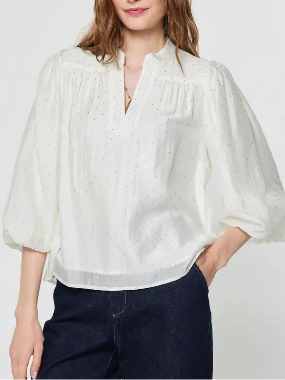 Rhinestone 3/4 Puff Sleeve Blouse in Cream